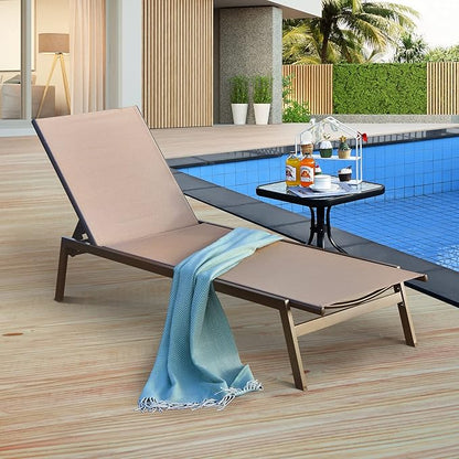 Tangkula Outdoor Chaise Lounge Chair, 6-Position Adjustable Reclining Chair with Breathable Fabric and Heavy Duty Steel Frame, Patio Lounge Chair for Garden, Backyard and Poolside (1, Brown)
