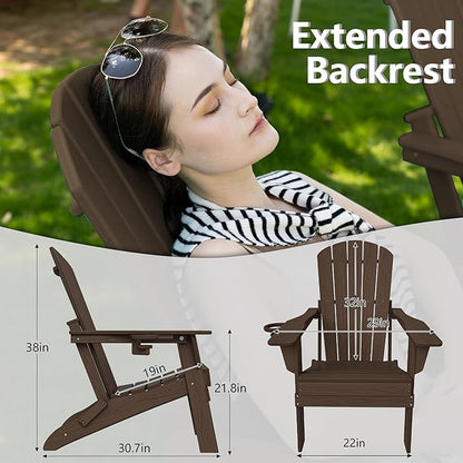 Plawdlik Folding Adirondack Chair Set of 4, Cup Holder，Wooden Textured ，Heavy All-Weather HDPE Comfortable Set Poolside Backyard Lawn Coffee