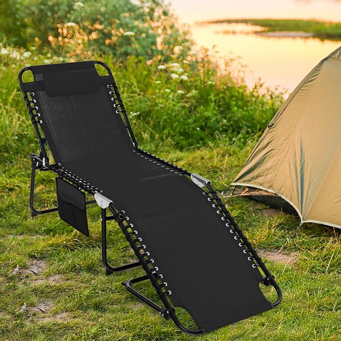 Tangkula Beach Lounge Chair for Outside, Folding Chaise Lounge Outdoor with 4-Position Backrest, Removable Headrest and Side Pocket, Portable Sunbathing Tanning Chair for Patio, Poolside (2, Black)