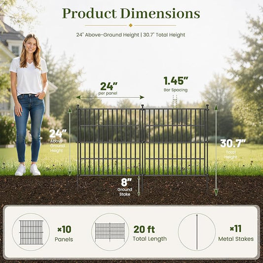 10 Panels No Dig Decorative Outdoor Garden Fence with Gate for Yard, 24 in(H) X 20 ft(L) Animal Barrier Fencing Rustproof Metal Wire Panel Border for Dog, Rabbits, and Patio Temporary Ground Stakes