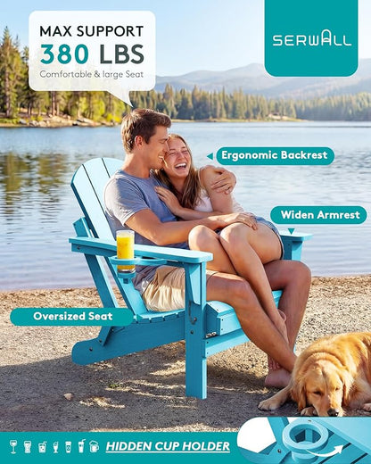 SERWALL Folding Adirondack Chair Weather Resistant Patio Chair with Cup Holder Outdoor Chairs Set of 6 Painted Adirondack Chairs - Light Blue