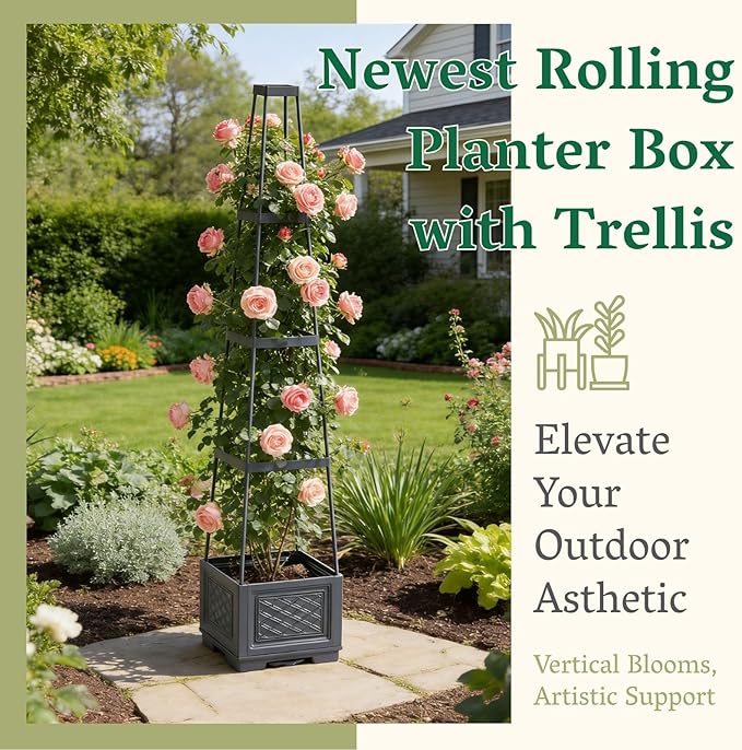 Rolling Tomato Planter with Trellis | Self-Watering Raised Garden Bed Tomato Pots for Growing Tomatoes | Planter Box with Trellis with Wheels for Climbing Plants Greenhouse Indoor Outdoor