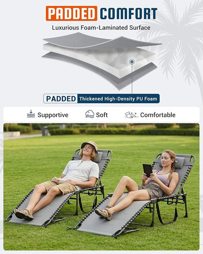 KingCamp Oversized Tanning Chair, Extra-Wide Padded Folding Chase Lounge Chairs Portable Adjustable 5-Position 440lbs Heavy Duty Lounger with Double-Layer Oxford for Outdoor Beach Patio Sun Pool Grey