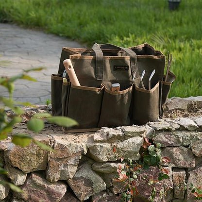 Waxed Canvas Tool Bag Tote, 14 Inch Heavy Duty Tool Organizer with 10 External Pockets & 1 Large Compartment, Army Green