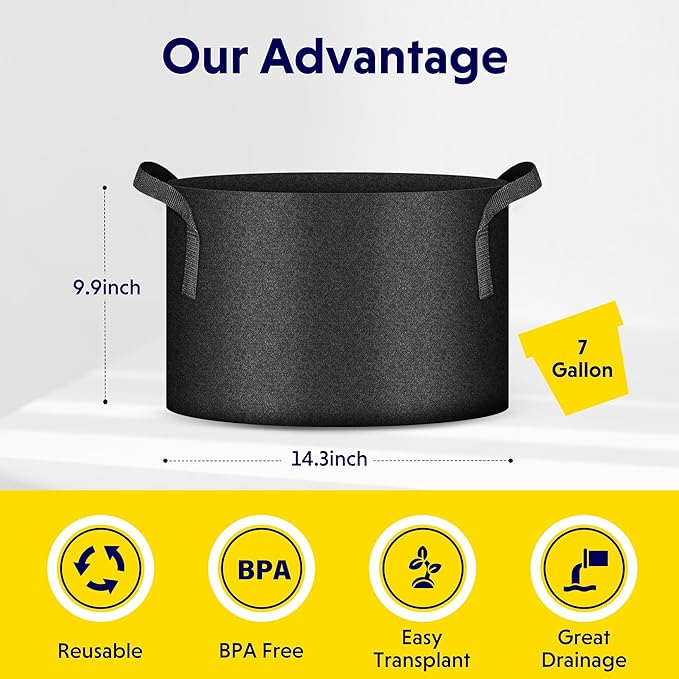 iPower 5-Pack 7 Gallon Plant Grow Bags Thickened Nonwoven Aeration Fabric Pots Heavy Duty Durable Container, Strap Handles for Garden, Black
