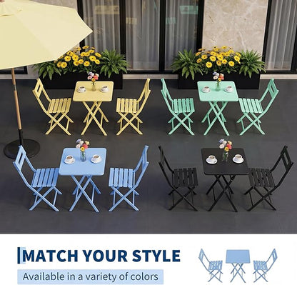 GarveeTech 3-Piece Folding Bistro Set, Heavy Duty Outdoor Patio Furniture with 2 Chairs & 1 Table, Weather-Resistant Steel Frame, No Assembly Required for Garden, Yard, Balcony,Blue