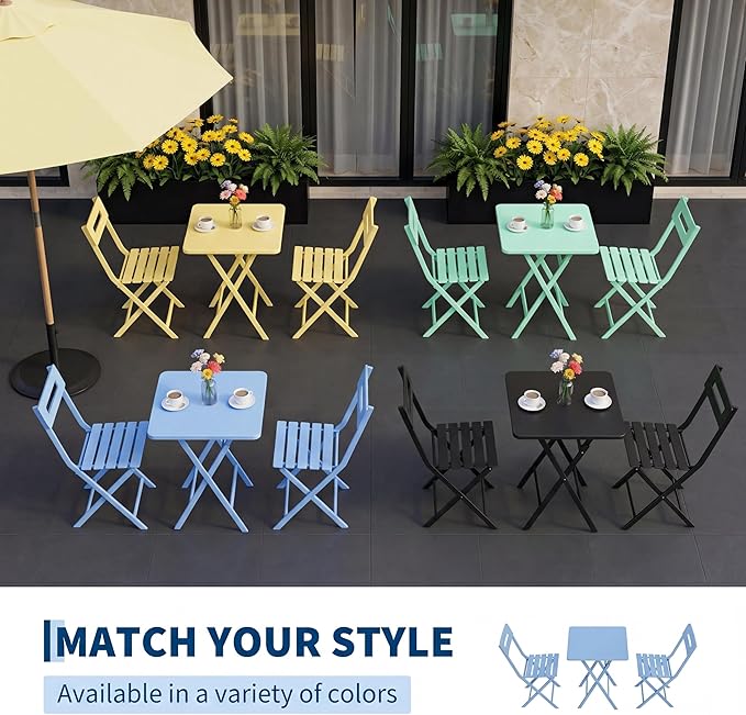 GarveeLife 3 Piece Outdoor Bistro Set, All Metal Patio Table and Chairs Set, Round Tube Iron Bistro Furniture Set for Balcony Porch Garden Cafe, Weather Resistant