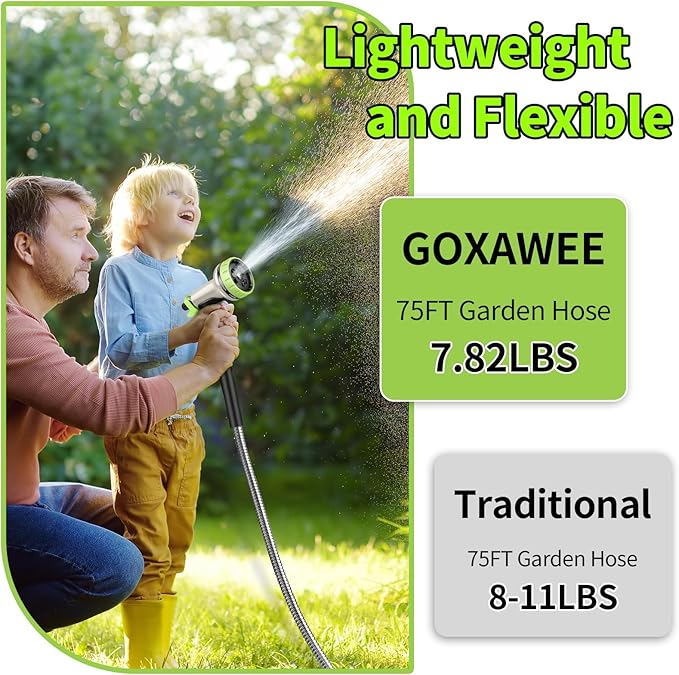 GOXAWEE Garden Hose 75FT, Stainless Steel Heavy Duty Water Hose With 10 Function Nozzle, No-Kink, Tough & Flexible, Sturdy and Lightweight, Rust Proof for Yard, Outdoor, RV