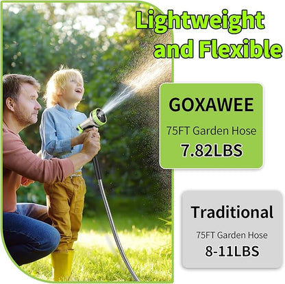 GOXAWEE Garden Hose 75FT, Stainless Steel Heavy Duty Water Hose With 10 Function Nozzle, No-Kink, Tough & Flexible, Sturdy and Lightweight, Rust Proof for Yard, Outdoor, RV