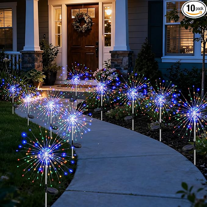btfarm 10 Pack Solar Garden Lights Outdoor, 8 Modes Firework Lights Solar Powered, Waterproof Twinkle Fairy Light Outside for Yard Patio Pathway Pool Christmas Party Decorative, Multicolor