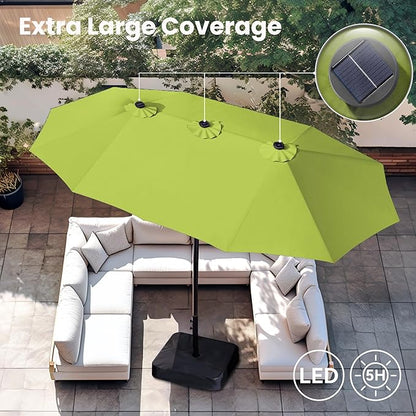 PHI VILLA 15 ft Umbrella Outdoor Patio Solar Lights with Base, Outdoor Double-Sided Large Market Rectangle Umbrellas with 36 LED Lights, Lime Green