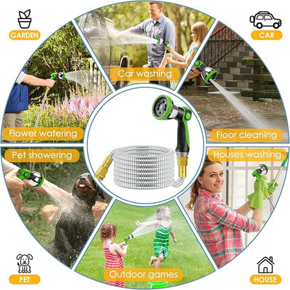25 FT Stainless Steel Garden Hose with 10-Function Spray Nozzle, Kink-Free Flexible Metal Water Hose, Solid Brass 3/4'' Connectors, Heavy Duty, Durable, Leak-Proof, Lightweight, Tangle-Free