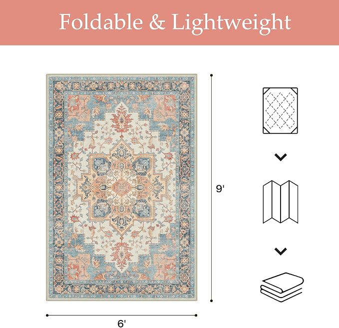 GENIMO Outdoor & Indoor Area Rug 6'x9', Waterproof, Non-Shedding, Easy Cleaning, Boho Mat for Patio, Living Room, Balcony, Dining Room, RV, Deck, Bedroom, Camping, Outside Carpet,Blue Salmon