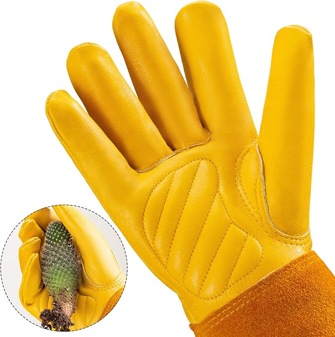 Thorn Proof Gardening Gloves for Men & Women, Long Cowhide Leather Rose Pruning Gloves with Forearm Protection, Puncture Resistant Gauntlets for Cacti, Blackberries & Yard Work(Butter Yellow,Small)