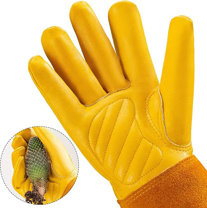 Thorn Proof Gardening Gloves for Men & Women, Long Cowhide Leather Rose Pruning Gloves with Forearm Protection, Puncture Resistant Gauntlets for Cacti, Blackberries & Yard Work(Butter Yellow,Small)