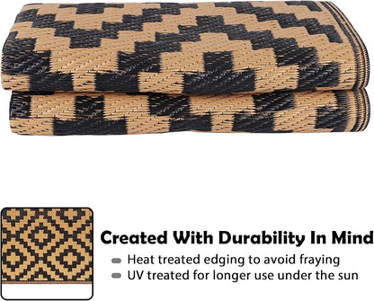 SAND MINE Waterproof Outdoor Rug 4x6 ft, Plastic Straw Area Rug, Large Floor Mat for Outdoors, RV, Patio, Backyard, Deck, Picnic, Beach, Trailer, Camping, Black & Brown Lattice