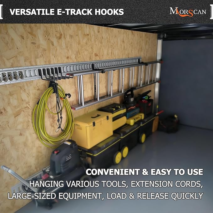 4-Pack 6" E-Track Extended Flat J Hooks, Heavy Duty E Track Ladder Hooks, Black Steel E System Tie Down Accessories for Box Truck, Enclosed Trailer, Garage, Vans, Warehouse, Workshop