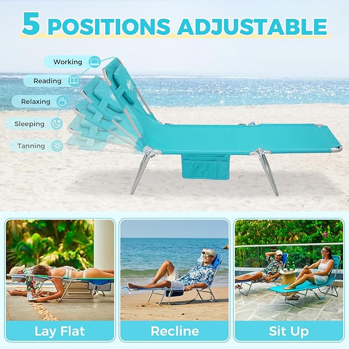 #WEJOY Folding Tanning Chair with Face Hole, 5 Positions Face Down Beach Lounge Chairs with Pillow for Outside Sunbathing Poolside (Cyan)