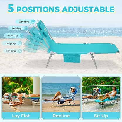 #WEJOY Folding Tanning Chair with Face Hole, 5 Positions Face Down Beach Lounge Chairs with Pillow for Outside Sunbathing Poolside (Cyan)