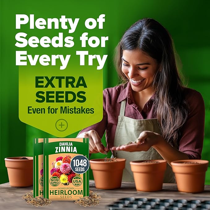 HOME GROWN USA Premium Zinnia Dahlia Seeds Pack for 2026,1048 Non-GMO Flower Seeds, Vibrant Zinnia Elegans for Planting Pollinator Gardens, Borders & Containers, Easy-to-Grow Outdoor Blooms