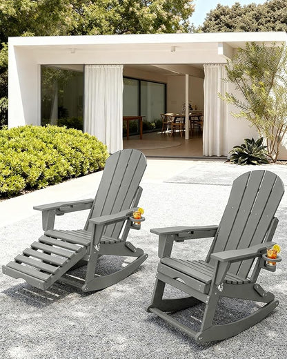 Adirondack Rocking Chairs Set of 8 with Retractable Ottoman, All Weather Folding Adirondack Chair with Two Cup Holders, Adirondack Outdoor Rocking Chairs for Porch, Patio, Balcony. White Grey