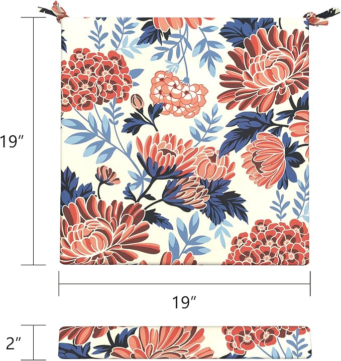 LVTXIII Outdoor Seat Cushions Seasonal Replacement Chair Cushions, Patio Chair Pads with Ties for Dining Chairs and Garden Furniture, Square Back, 19"x19"x2", 4 Pack, Red Chrysanthemum