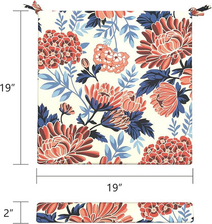 LVTXIII Outdoor Seat Cushions Seasonal Replacement Chair Cushions, Patio Chair Pads with Ties for Dining Chairs and Garden Furniture, Square Back, 19"x19"x2", 4 Pack, Red Chrysanthemum