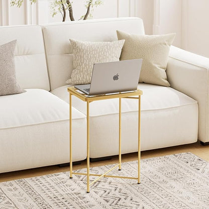 Garden 4 you Small Side Table, Glass End Table, Outdoor Side Table with Metal Frame, Mini Bedside Table for Living Room, Bedroom, Patio, Small Space, Gold