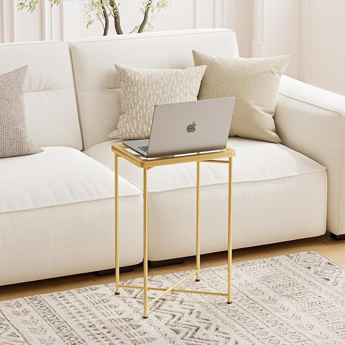 Garden 4 you Small Side Table, Glass End Table Set of 2, Gold Outdoor Side Table with Metal Frame, Mini Bedside Table for Living Room, Bedroom, Patio, Small Space, 2pcs