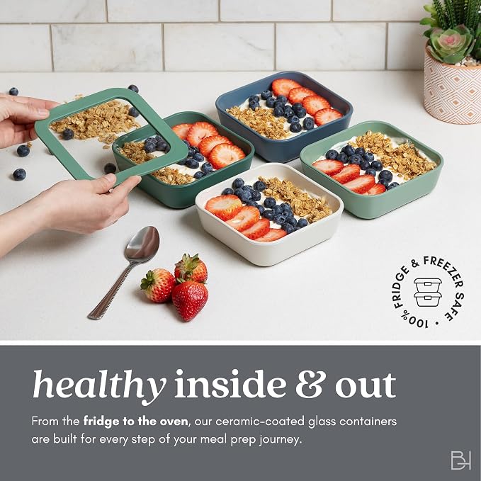 20-Piece Glass Food Storage Containers Set with Lids (10 Containers + 10 Lids) | Microwave-Safe Airtight Seal, Oven-Safe Ceramic-Coated Glass | Zero Plastic, No PFAS/PFOA/BPA [Crema]