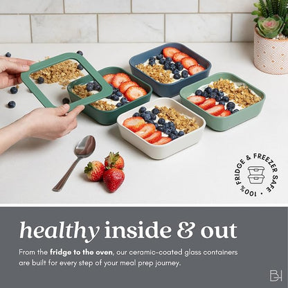 20-Piece Glass Food Storage Containers Set with Lids (10 Containers + 10 Lids) | Microwave-Safe Airtight Seal, Oven-Safe Ceramic-Coated Glass | Zero Plastic, No PFAS/PFOA/BPA [Crema]