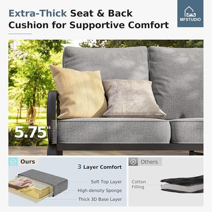 MFSTUDIO 5 Pieces Patio Conversation Sets, Outdoor Metal Furniture Sofas with 1 x 3-Seat Sofa, 2 x Rocking Chairs, 2 x Ottoman, Durable Steel Frame with Grey Cushion for Patio Balcony