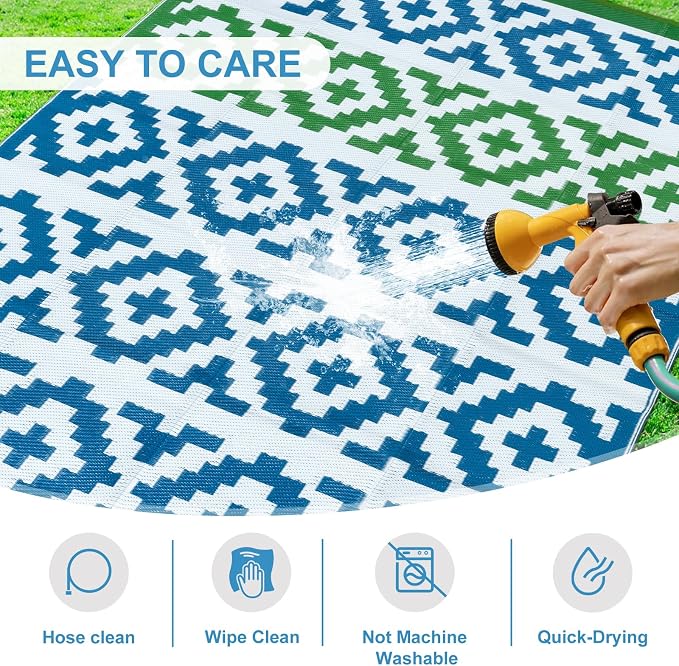 Anidaroel Camping Rug for Outside RV, 8x10 Waterproof Outdoor Rug for Patio Clearance, Reversible Plastic Straw Outside Area Rug for Deck, Camper, Backyard, Picnic(Blue&Green, 8‘x10')