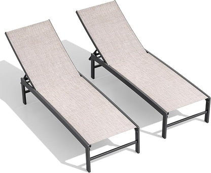 Crestlive Products Chaise Lounge Chair Outdoor Set of 2, Adjustable 5 Positions Pool Tanning Recliner, Outdoor Lounge Furniture Perfect for Patio, Beach, Yard, Pool