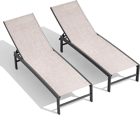 Crestlive Products Chaise Lounge Chair Outdoor Set of 2, Adjustable 5 Positions Pool Tanning Recliner, Outdoor Lounge Furniture Perfect for Patio, Beach, Yard, Pool