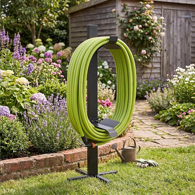 Moxweyeni Garden Hose Reel Holder Stand with Ground Stakes, up to 150-ft Hoses, Detachable Metal Water Hose Holder, Heavy Duty Garden Storage Rack for Outside Yard Lawn