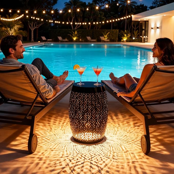 18" Cutout Metal Outdoor Side Table with 3-Mode LED Lights, Modern Decorative Drum End Table, Versatile Coffee Table/Garden Stool/Night Stand/Plant Stand for Patio, Living Room, Bedroom