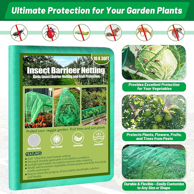 Cludoo Garden Mesh Netting Kit,7 Sets Wide Garden Hoops with 10x30 ft Garden Covers Bird Netting& 12 Clips, Garden Protection for Raised Beds Greenhouse Vegetable Plants Flowers Green