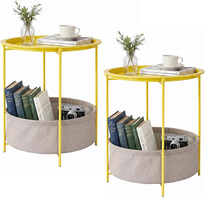 VECELO Round Side/End Table with Fabric Storage Basket，Metal Anti-Rust and Waterproof Small Bedside Nightstand with Removable Tray Top for Living Room，Balcony & Laundry，Yellow /2pcs with Basket