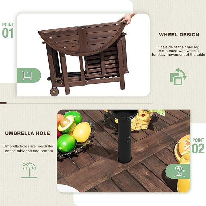 Devoko 5 PCS Patio Furniture, Patio Dining Set Acacia Wood Outdoor Table and Chairs, with 4 Folding Chairs and 37" Round Movable Table, Outdoor Dining Set for Lawn, Balcony, Garden (Deep Brown)