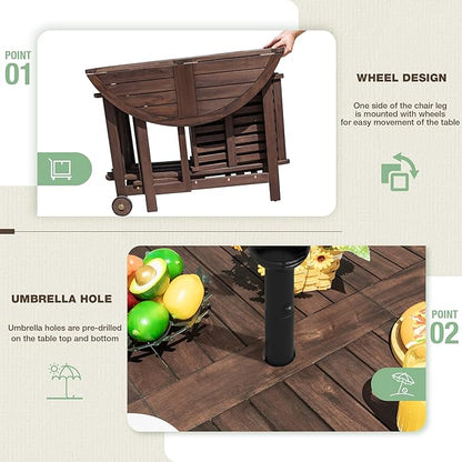 Devoko 5 PCS Patio Furniture, Patio Dining Set Acacia Wood Outdoor Table and Chairs, with 4 Folding Chairs and 37" Round Movable Table, Outdoor Dining Set for Lawn, Balcony, Garden (Deep Brown)