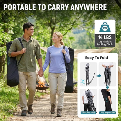 FUNDANGO Oversized Rocking Camping Chair for Adults, Portable Folding Lawn Chairs for Outside with Pillows, Wide Armrest, 2 Cup Holders, Carry Bag for Patio Garden Outdoor Supports 400Lbs (Grey)