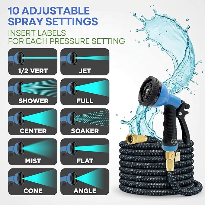 J&B XpandaHose 75ft Expandable Garden Hose with Holder - Heavy Duty Superior Strength 3750D - 4 -Layer Latex Core - Extra Strong Brass Connectors and 10 Spray Nozzle w/Storage Bag (Blue 75)