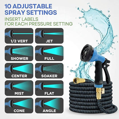 J&B XpandaHose 75ft Expandable Garden Hose with Holder - Heavy Duty Superior Strength 3750D - 4 -Layer Latex Core - Extra Strong Brass Connectors and 10 Spray Nozzle w/Storage Bag (Blue 75)