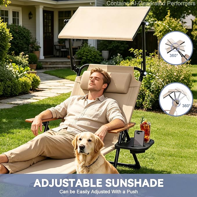 Beach Lounge Chairs with Armrests, 4-Position Folding Lounge Chairs for Outside, Sunbathing Portable Lounge Chaise, Tanning Chair Pillow & Cup Holder, for Outside Beach Pool (Beige.)