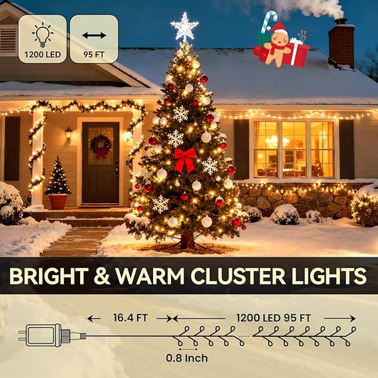 1200 LED Warm White Christmas Lights: 95Ft Twinkle Lights for Christmas Tree with Remote - Waterproof Fairy Lights Firecracker Plug in String Lights for Garden Wedding Party Indoor & Outdoor Use
