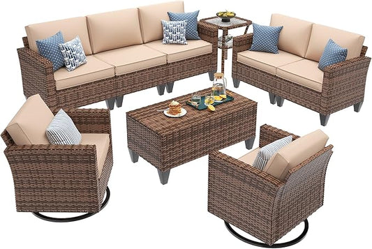 UDPATIO Patio Furniture Set, 6 Pieces Outdoor Furniture Sets with Rocking Swivel Chairs, Wicker Rattan Outdoor Conversation Set with Storage Table and Waterproof Covers for Backyard Deck Porch, Khaki