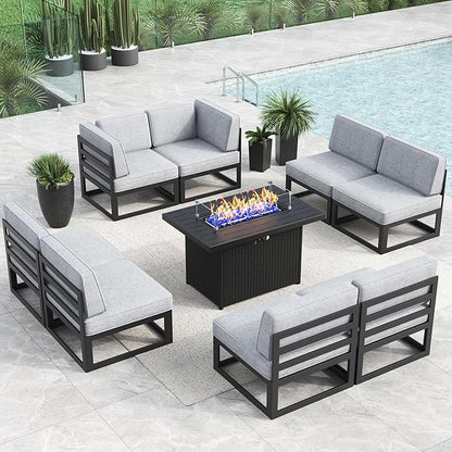 LayinSun Large Aluminum Patio Furniture Set with Fire Pit Table, 9 Pieces Modern Outdoor Conversation Set Sectional Metal Sofa Set with Olefin Cushion