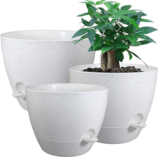 UOUZ Large Self Watering Pots, 12/10/9 Plastic Planters with High Drainage Holes and Deep Reservoir for Indoor Outdoor Garden Plants and Flowers, White Speckles