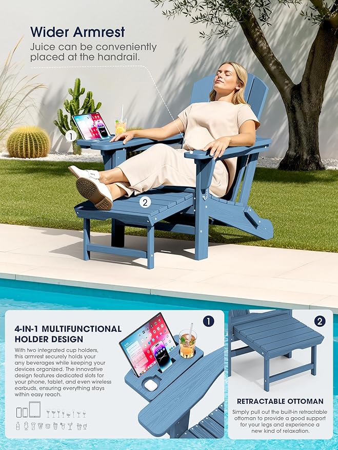 KINGYES Adjustable Folding Adirondack Chair with Footrest & 4-in-1 Multi-Functional Armrest Organizer, HDPE Foldable Reclining Adirondack Chair with Pull-Out Ottoman, Blue